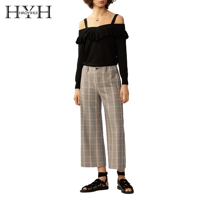 

HYH Haoyihui Femme Fashion Popular Tops Slash Neck Sexy Cami Strap Pleated Ruffles Slim Easy Match Knitted Sweater