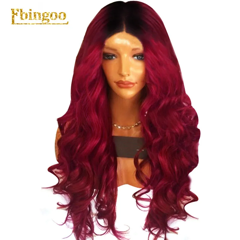 Ebingoo Hair Cap+Dark Roots Ombre Burgundy Long Body Wave ...