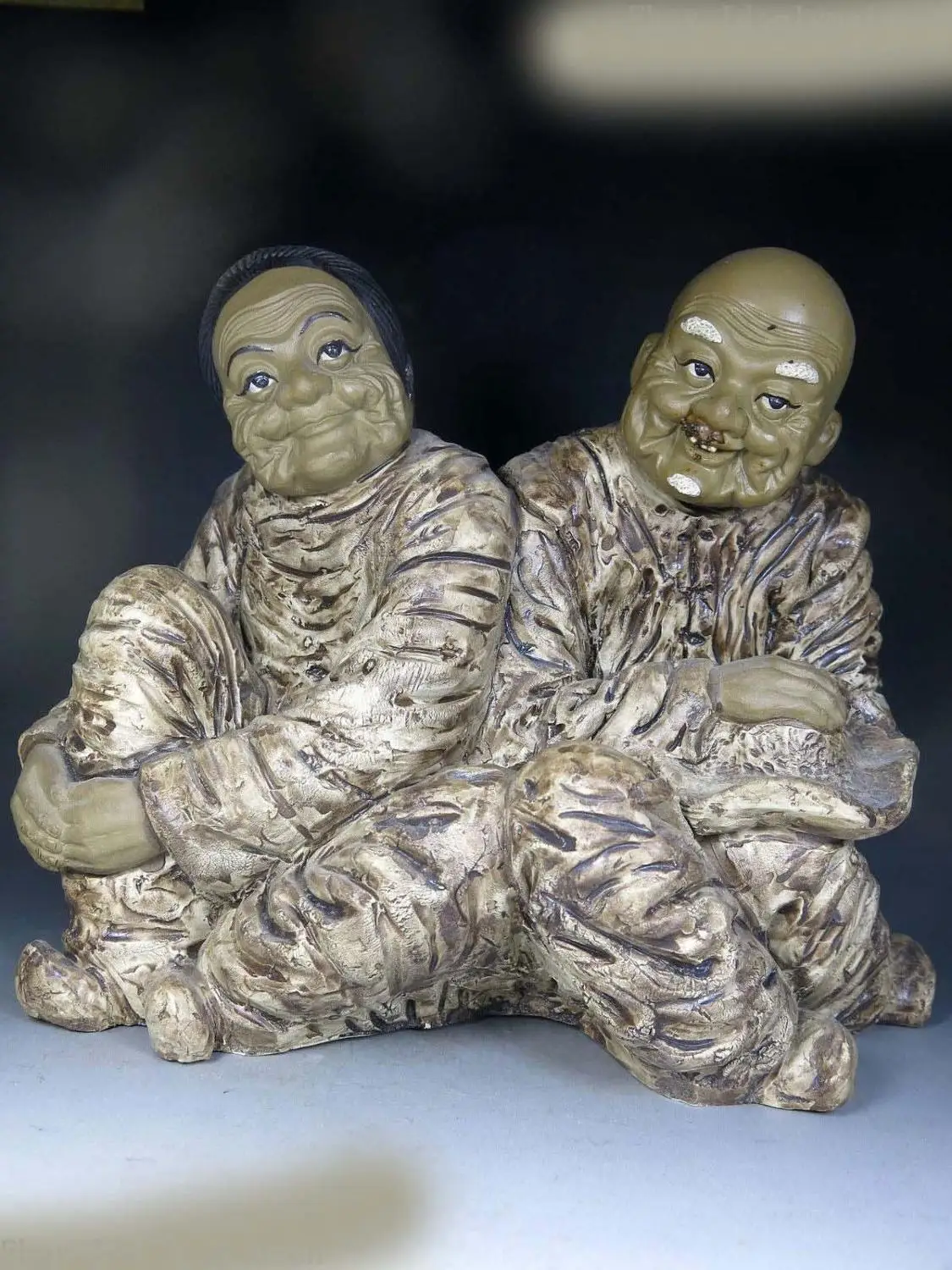 

10" China handmade Pottery sculpture happy family old husband and wife Statue (D0426)