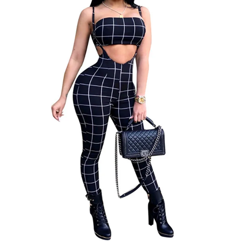 

Женский клетчатый костюм из 2 предметов, комплект из укороченного топа без бретелек и длинных брюк на молнии сзади с принтом на бретелях, лето 2019