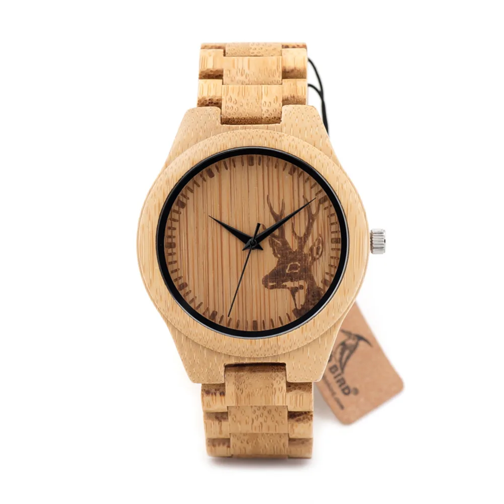 BOBO BIRD V-D28 Wooden Mens Watch Engraving Reindeer Design Bamboo Quartz Clock With Folding Clasp reloj de los hombres