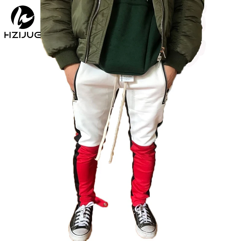 

HZIJUE Brand Street Retro Patchwork Pants Hit Color Stitching Side Stripes Elastic Mens Hip Hop Rap Sweatpants Joggers 2018