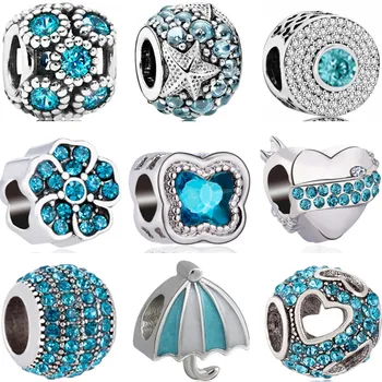 

Sky Color Big Statement Stars Flowers Umbrella Hearts Crystal Charms Beads Fit Original Pandora Bracelets for Women Summer DIY