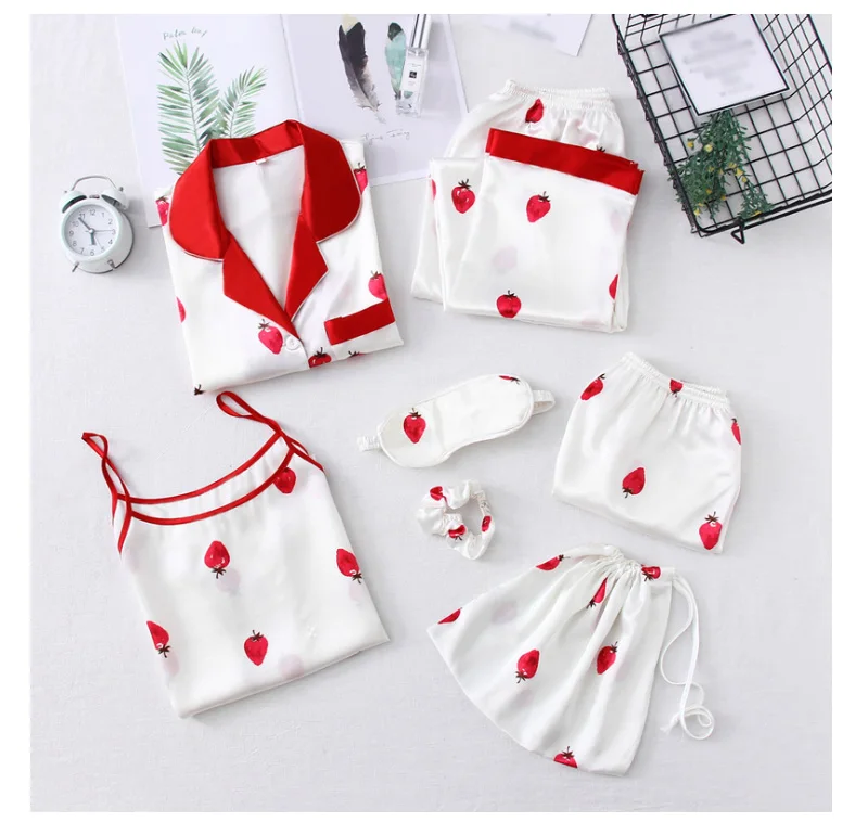 Satin Sleepwear Sexy Pyjamas Pijamas Women Pajamas Sets Slik Sleep Lounge 7 Pieces Nightwear Ladies Pajama Suit Indoor Clothing for women (17)