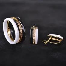 MECHOSEN Brillant Anillos y Pendientes CZ Circón Tres Líneas De Cerámica Blanco/Negro Delgado Anillo Aretes Porcelana Schmuck Navidad regalo