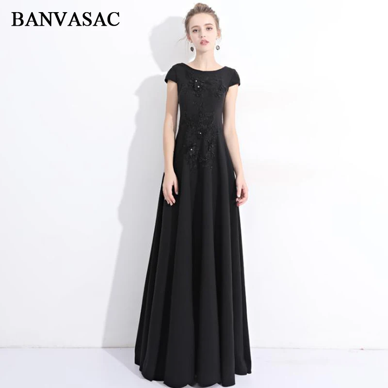 

BANVASAC 2018 O Neck Crystal A Line Lace Long Evening Dresses Party Beading Short Sleeve Embroidery Backless Prom Gowns