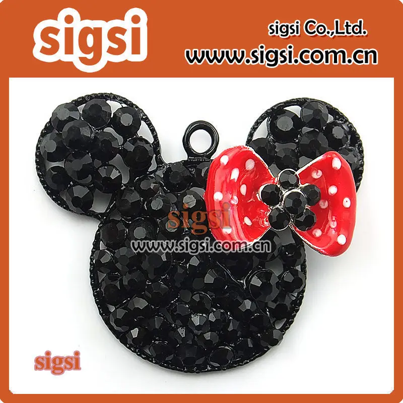 

100pcs black rhinestone mickey head with bow jewelry pendant charm for diy necklace