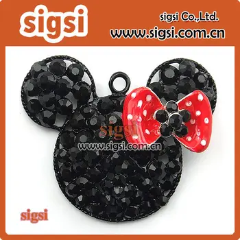 

100pcs black rhinestone mouse head with bow jewelry pendant charm for diy necklace