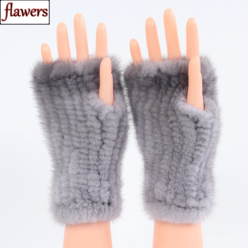 

2019 New Women Fashion 100% Genuine Knitted Mink Fur Fingerless Glove Winter Mink Fur Mittens For Lady Elastic Real Fur Gloves