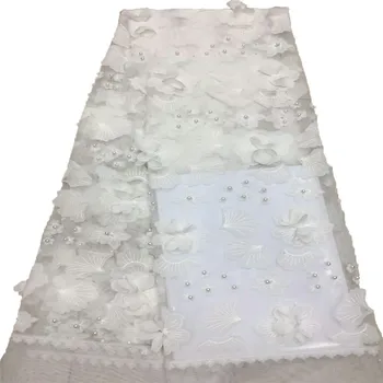 

Pure White 3D Lace Fabric Nigerian Wedding Fabric, African Lace Fabric With Appliques Beads HJ751-1