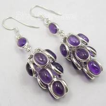 . Amatistas UVAS de plata Cuelga Los Pendientes LARGOS de 5.7 CM
