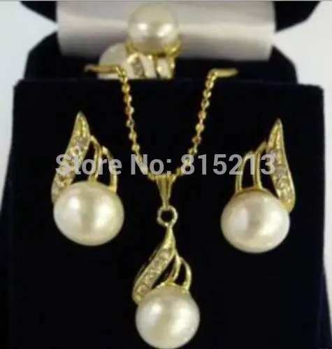 

ddh001040 Charming white pearl pendant ring earring set AAA+