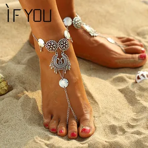 Если вы винтажные богемные сова монета тотем узор кисточкой босоножки Украшенные бижутерией пляж браслет для отдыха ножные браслеты ювелирные изделия для женщин - изображение