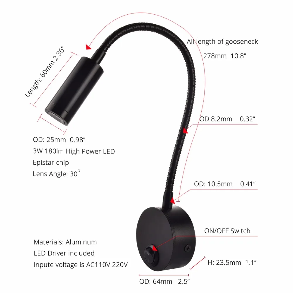  Wall lamp 3W Home Hotel Loft Bedside Reading Book Light Black Silver Light Flexiable ON/OFF Switch  - 32847893048