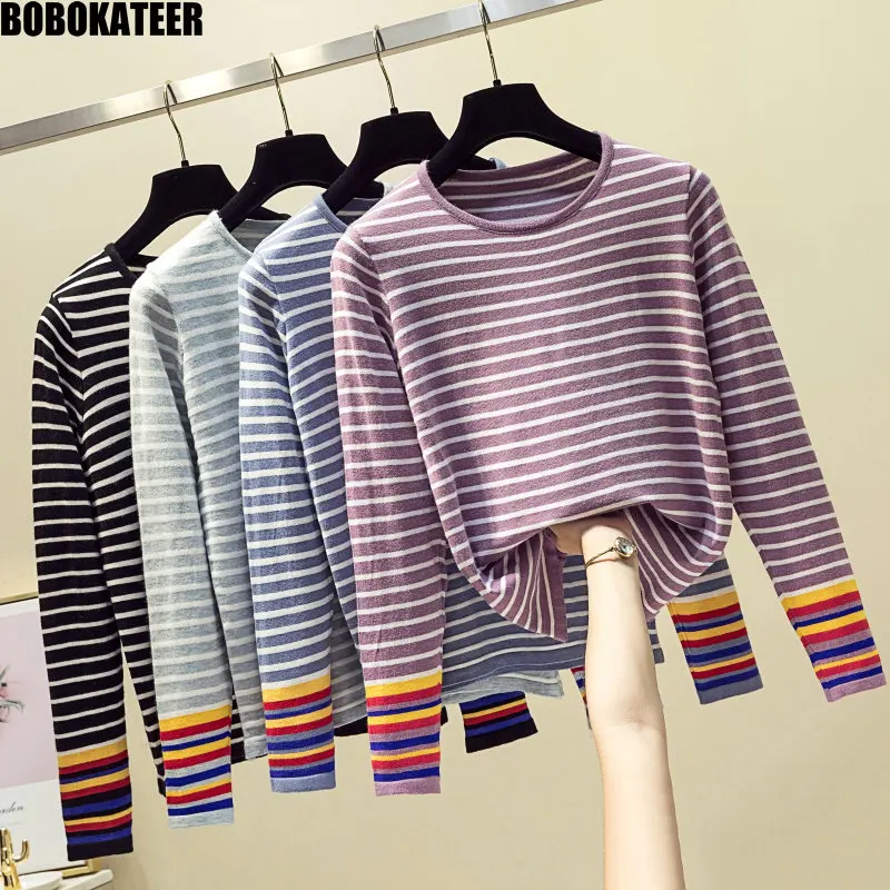 

BOBOKATEER Autumn Sweater Women Tops Casual Knitted Striped Pullover Trui Winter Clothes Women Sweater Black Pull Femme New 2019