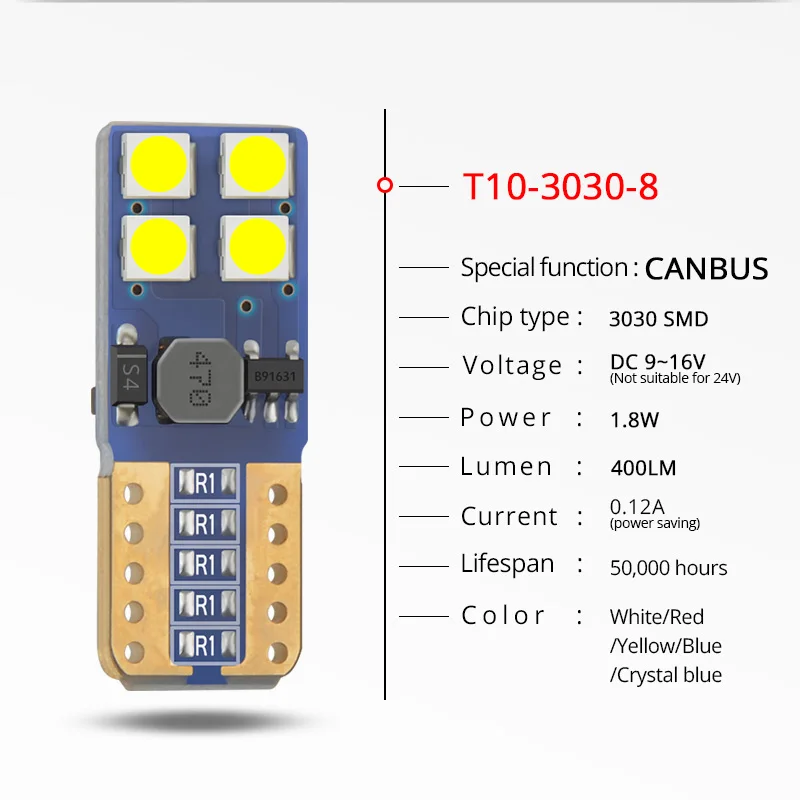 NAO w5w T10 лампы t10 Светодиодные лампы 8smd 3030 светодиодных чипов 12v авто светодиодный светильник номерного знака светильник 6000K белый желтый красный f: кристально-голубой