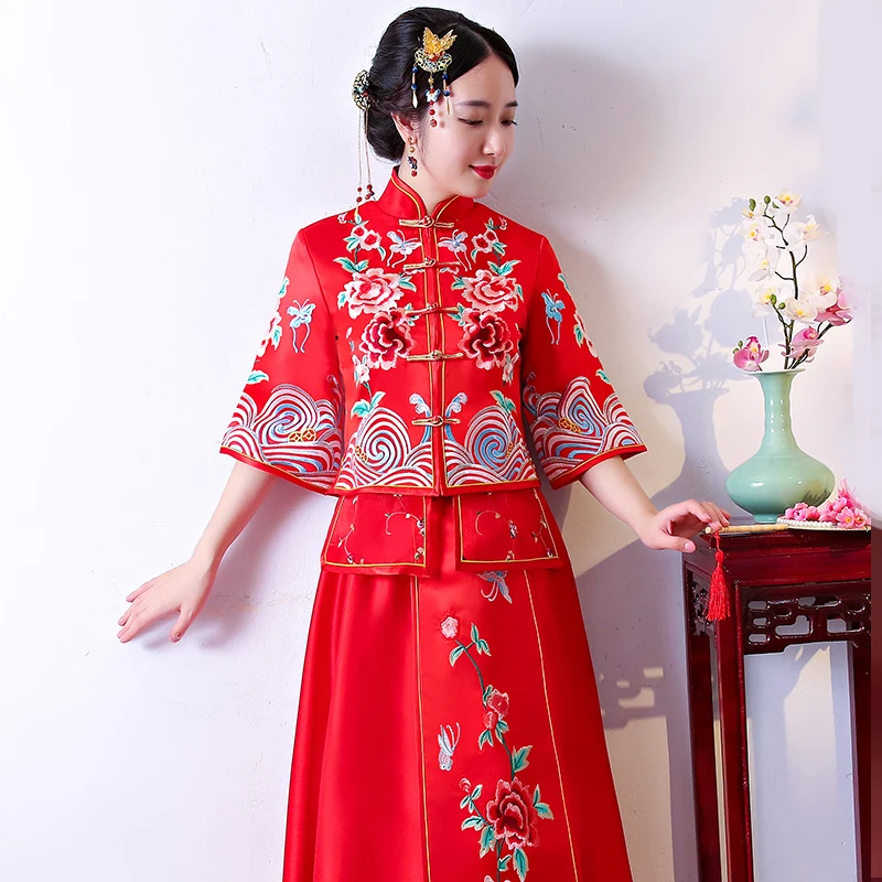 Красный китайский Свадебные Cheongsam традиционный Стиль жениться вечернее платье Вышивка Длинные Qipao Женская Костюмы Размеры S-XXXL