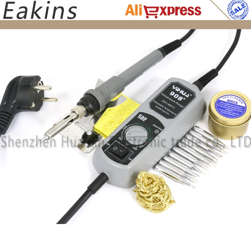 YIHUA 908+ 60W Electric Soldering Iron Solder Station Adjustable Thermostat Mini Pocket Iron Rework Repair Tools+10pcs Iron Tip
