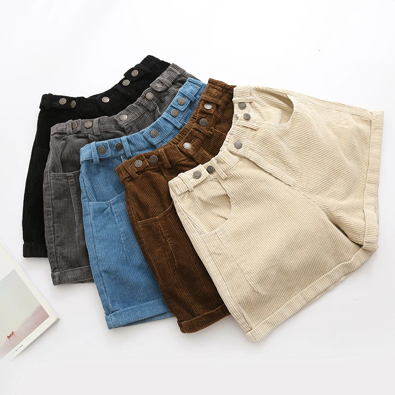 Зимние женские шорты винтажные манжеты повседневные шорты широкие брюки 5 цветов вельветовые с эластичной талией модные