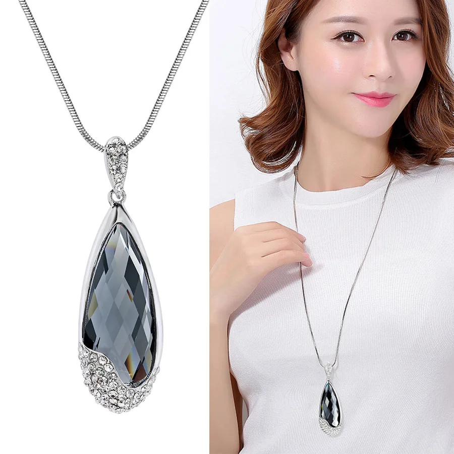 

RAVIMOUR Korean Fashion Jewelry Women Necklaces Pendants Big Water Drop Crystal Kolye Female Silver Chain Long Collier Femme New