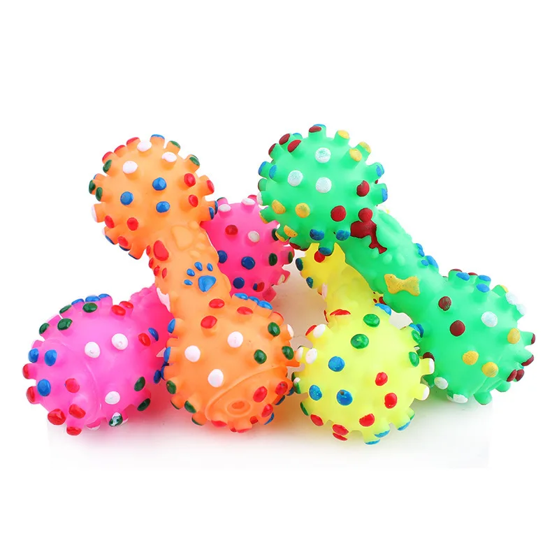 Игрушки для собак яркий в горошек гантели в форме игрушки для собак сжимаемые пищащие искусственная кость жевательные игрушки для питомцев для собак соска мяч интерактивная игра - Цвет: 1 Random Color