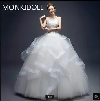 

2017 new arrival ball gown white ruffled lace wedding dress strapless appliques beaded princess puffy wedding gowns hot sale