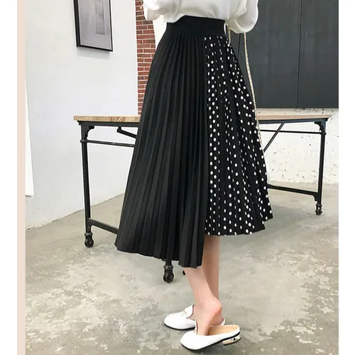 Women Plus Size Polka Dot Skirt Irregular High Waist White Black Pleated Skirt 2019 Summer Fashion Bohe Irregular Women Skirt