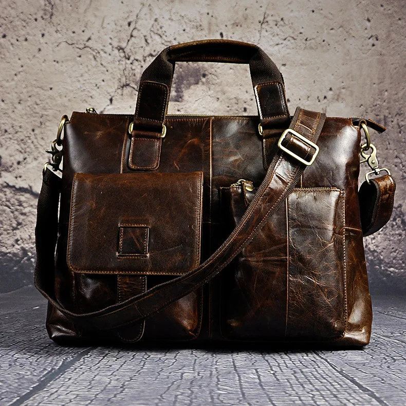 

Briefcase cowhide leather retro one-shoulder diagonal bag men's 14-inch business portable documentary computer bag