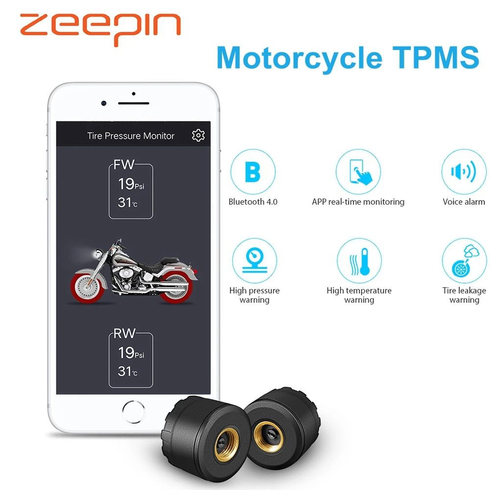 

Bluetooth 4.0 Motorcycle TPMS APP Real Time Wireless Motor Tire Pressure Monitoring System 2External Sensor Tyre Detection Alarm