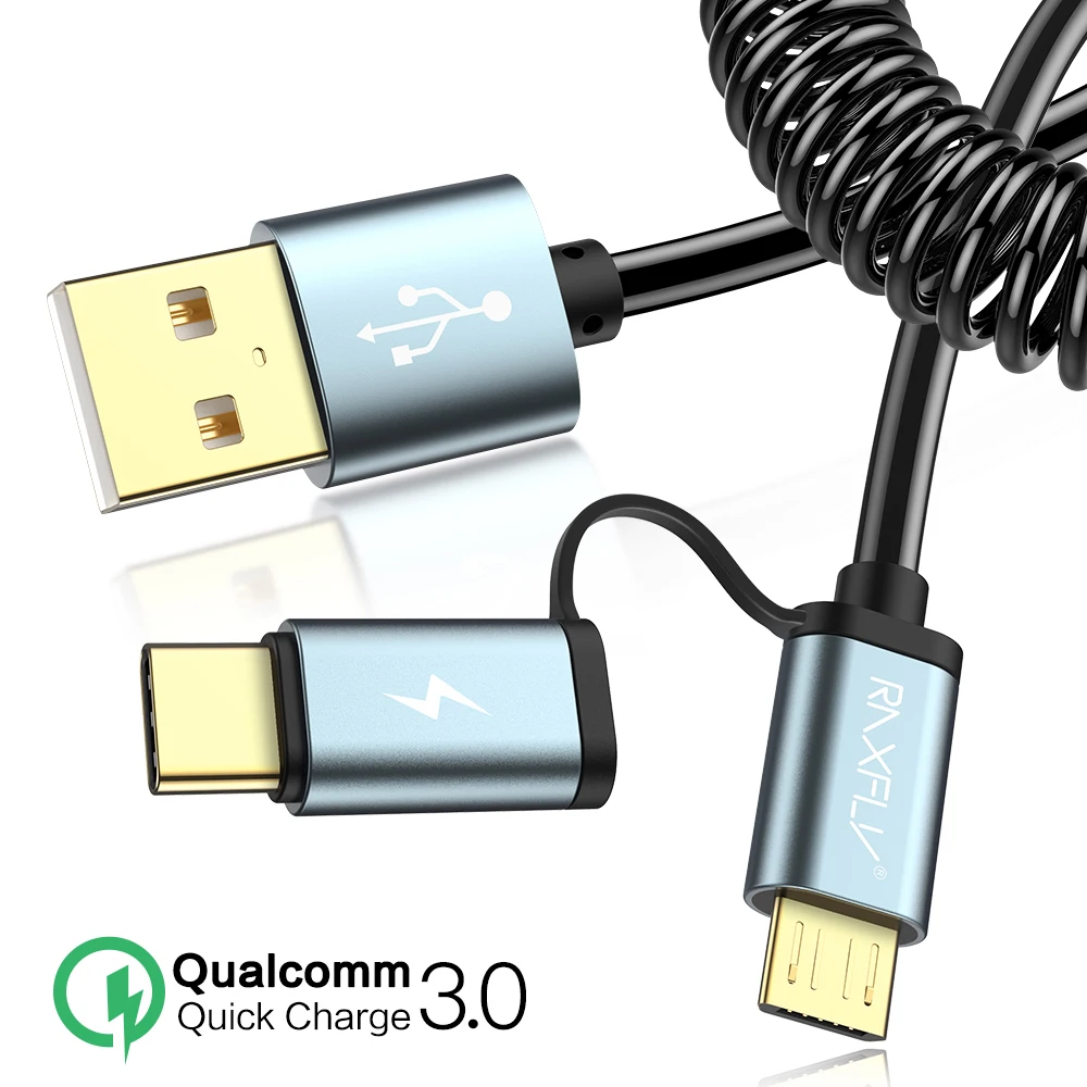 RAXFLY 2 в 1 USB кабель Quick Charge 3,0 Micro usb type-C кабель для samsung S9 Note 9 8 пружинный провод быстрой зарядки для huawei P20