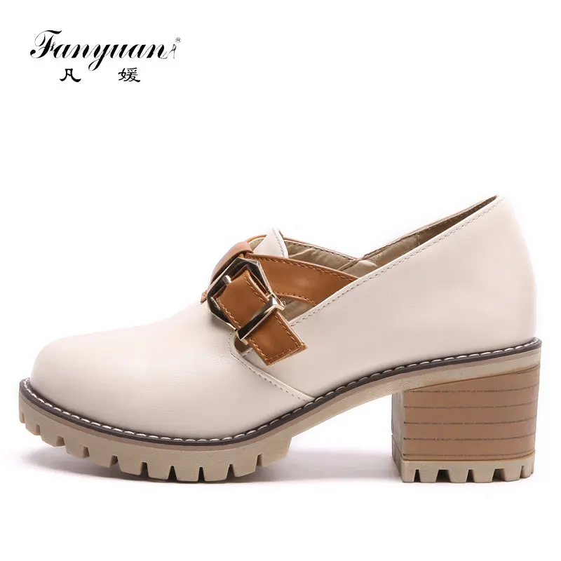 

Fanyuan New Arrival women Plus size Chunky high heels Stylish Mix color Buckle Casual Date shoes for kids girl Mary Janes Pumps