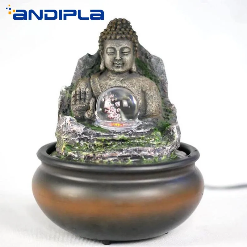 

110V-220V Lucky Buddha Statue Monk Figurine Flowing Water Fountain Rockery Micro Landscape Feng Shui Lucky Desktop Decor Crafts