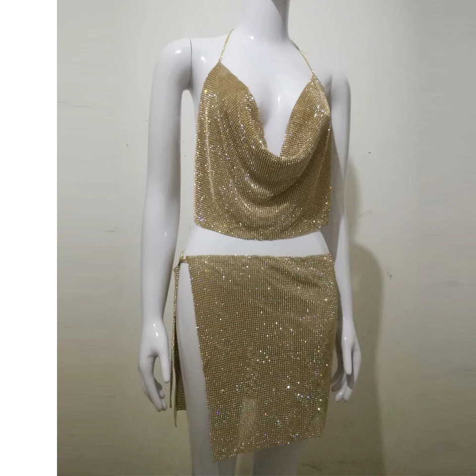 Karlofea, сексуальное роскошное платье со стразами, бриллианты, золото, серебро, два предмета, мини-платье, свободный вырез, Холтер, Клубные Вечерние платья на день рождения