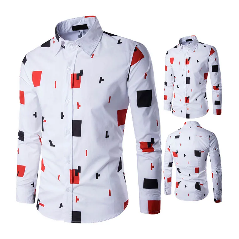 Новая мужская рубашка с отворотом с длинным рукавом Печать Повседневная Передняя кнопка тонкая для деловой Вечерние
