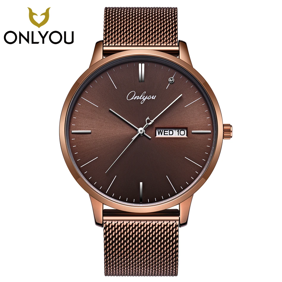 

ONLYOU Men Watch Casual Mesh Steel Watchband Simple Business Male Quartz Wristwatch Waterproof Week Display Lover Clock Women