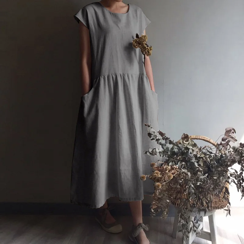 Женское летнее платье-макси cellumia, винтажное льняное Плиссированное длинное платье-рубашка, повседневные свободные вечерние платья с коротким рукавом размера плюс - Цвет: Серый
