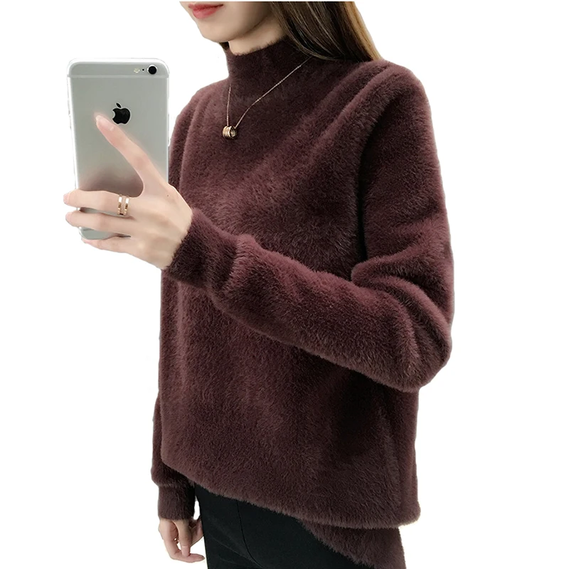 

Faux Mink Cashmere Sweaters Women 2019 Autumn Winter Knit Pullover Elasticity Thicken Bottoming shirt Female Half high collar