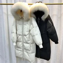 Большой воротник из натурального меха енота, Зимний пуховик на белом утином пуху, женские длинные пуховые пальто, женские теплые парки, пальто размера плюс