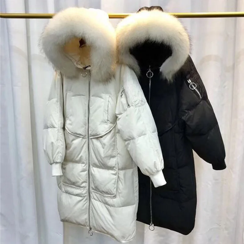 Большой воротник из натурального меха енота 2018 зимняя куртка на белом утином