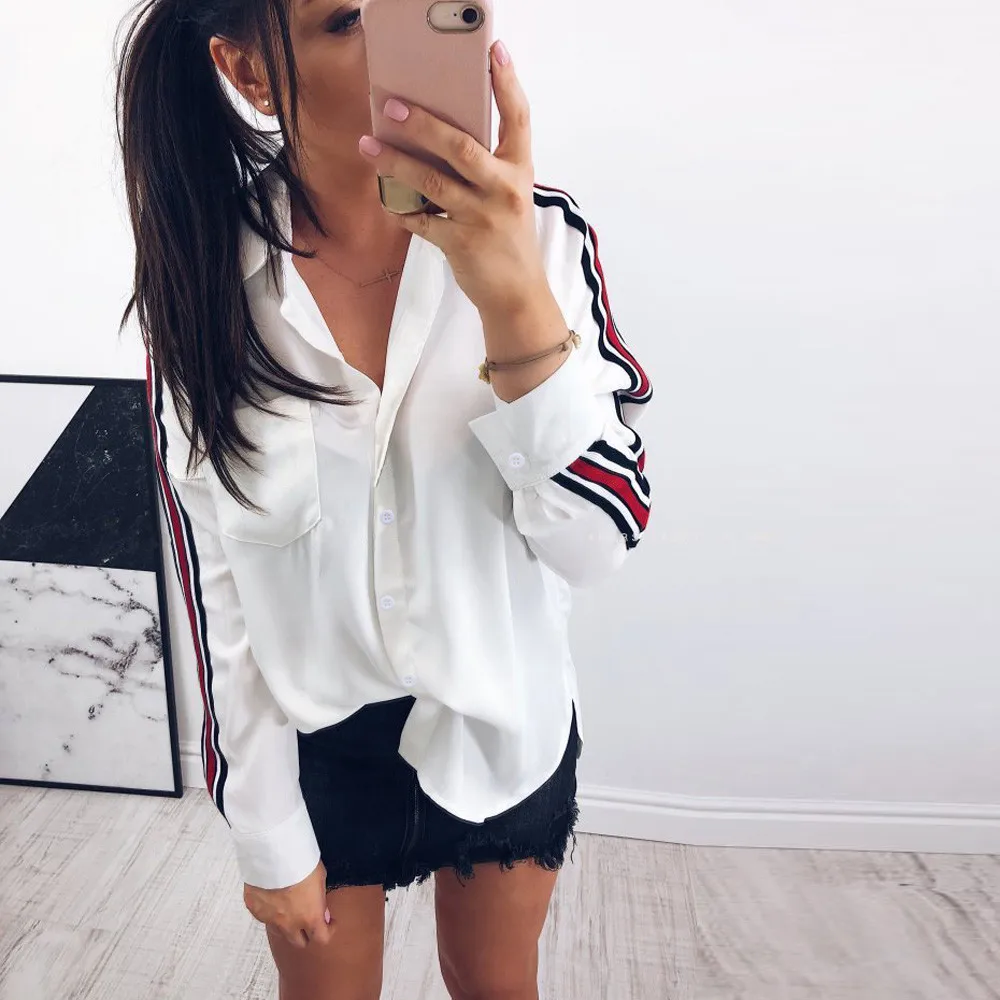

Autumn Blouse Women Casual Lapel Collar Stripe Long Sleeve Botton Shirt Blouse Tops Shirt For Women 2018 #B30