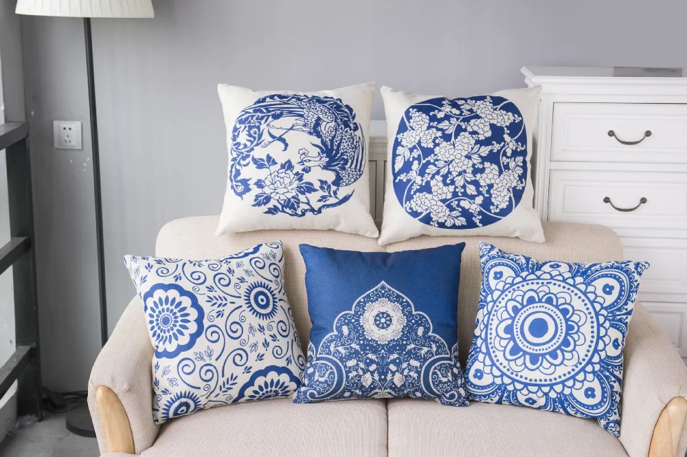 Houspace New Cotton Linen Blue and White Porcelain Pillow Cover Vintage