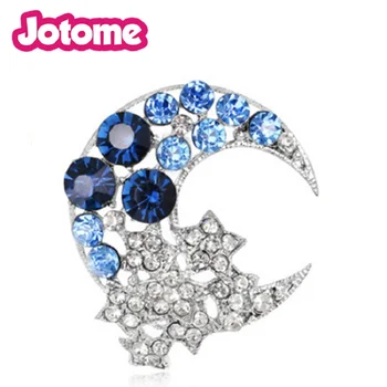 

Gorgeous Silver Tone Blue Moon Clear Crystal Star pin For Women moon stars brooches
