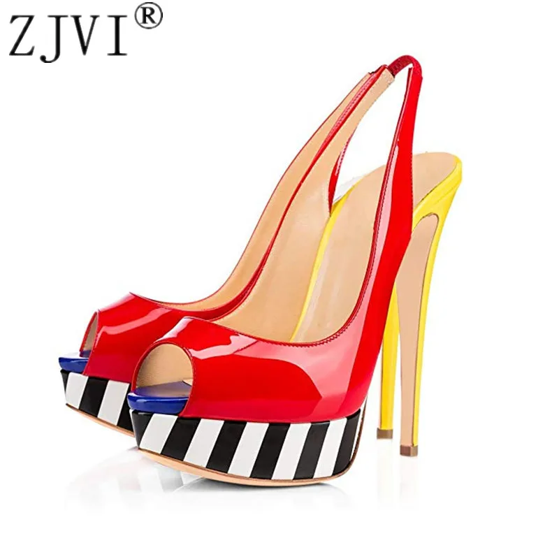 

ZJVI woman peep toe sandals ladies thin high heels shoes women mixed colors summer patent leather sandal back strap sandalias