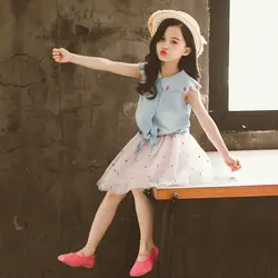 Летняя Детская жилетка, Юбки Комплекты из 2 предметов корейский Костюм с юбкой и вышивкой для девочек от 4 до 10 лет