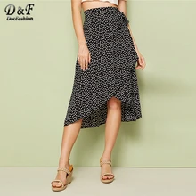 Dotfashion черная юбка с цветочным принтом для женщин летние юбки миди с высокой талией Дамская Асимметричная обертка с поясом