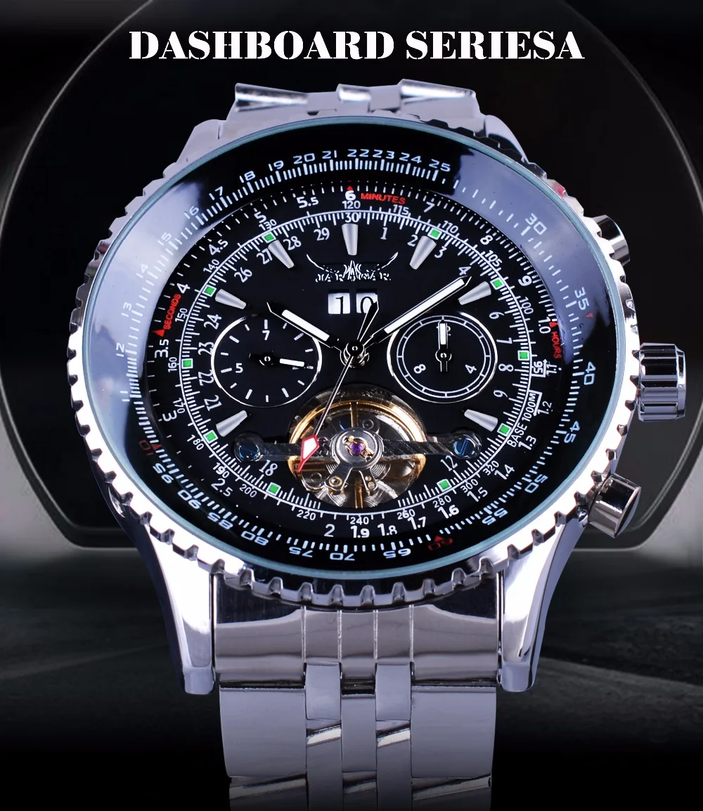 Jaragar Авиатор серии серебро Нержавеющая сталь Toubillion дизайн шкала циферблат Мужские часы лучший бренд класса люкс автоматические часы
