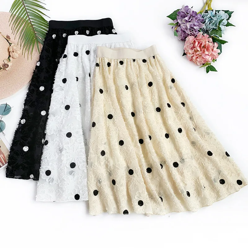 

Wasteheart Spring Black White Khaki Women Skirt A-Line Casual Mid-Calf Long Skirts Mesh Sweet Sexy Embroidery Dots Skirts