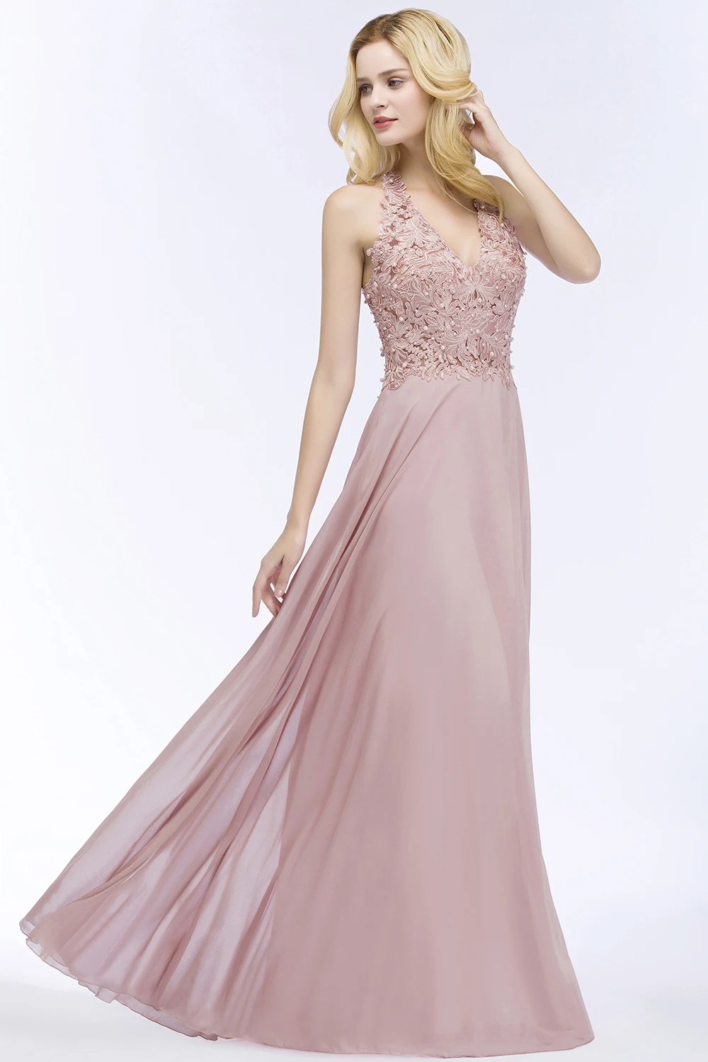 Robe demoiselle d'honneur Sexy V Neck Dusty Pink Lace Bridesmaid Dresses Long A Line Chiffon Pears Formal Prom Party Gowns