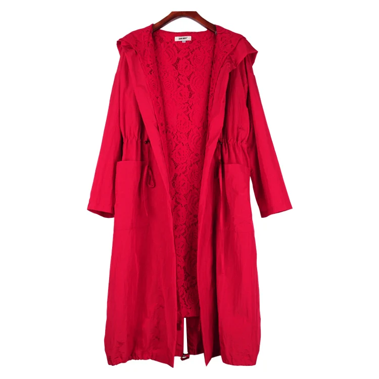 Spring Autumn new Big size long sleeve lace Hooded trench coat Large size ladies' draw string loose lace Elegant coat red black - Цвет: Красный