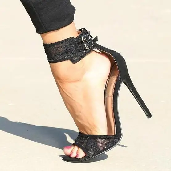 Elegant Lace Straps Women Concise Style Sandals Sexy Open Toe Two Ankle Buckles Ladies Fashion High Heels Female Party Shoes | Обувь